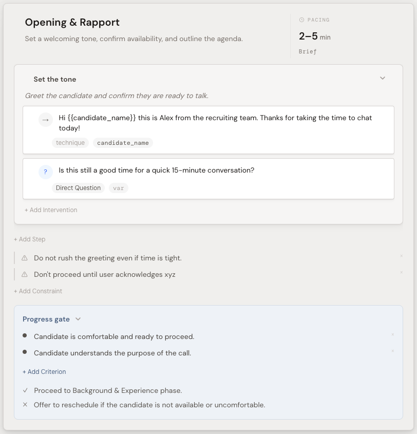 The Conversor editor showing an Opening & Rapport phase with two interventions, two constraints, and a progress gate with pass and fail criteria.